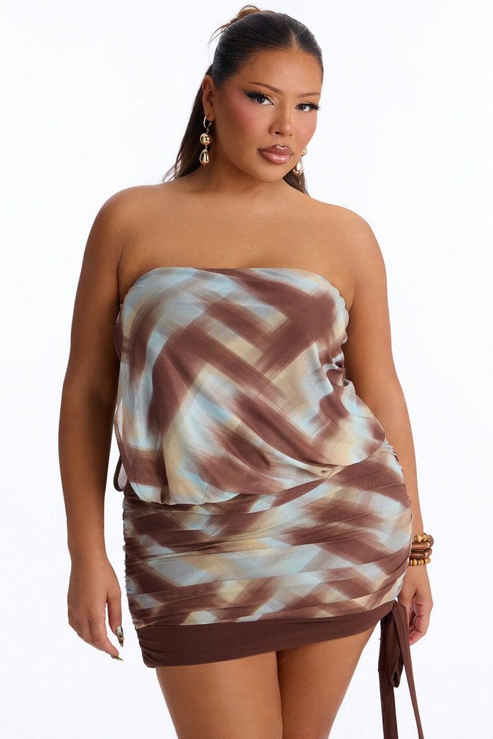 Cause A Scene Strapless Mesh Mini Dress - Brown/combo