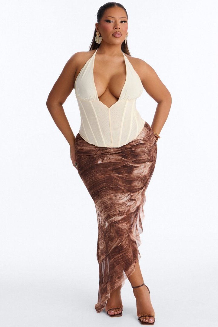 Desert Heat Asymmetrical Ruffle Mesh Midi Skirt - Brown/combo