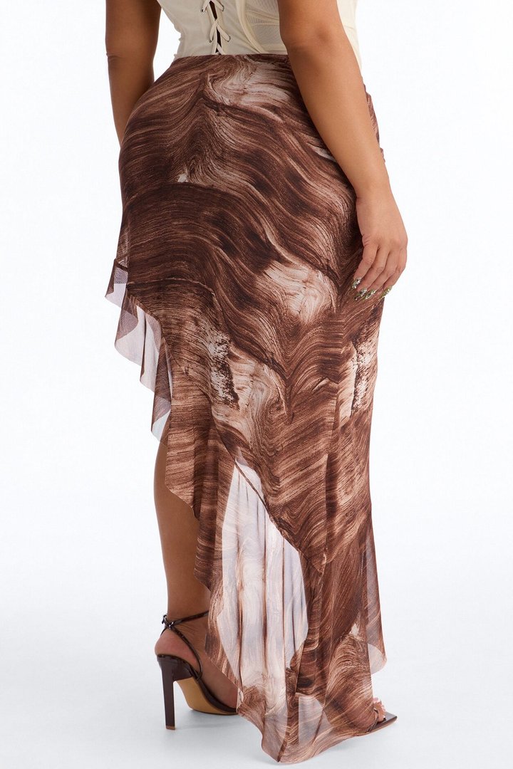 Desert Heat Asymmetrical Ruffle Mesh Midi Skirt - Brown/combo