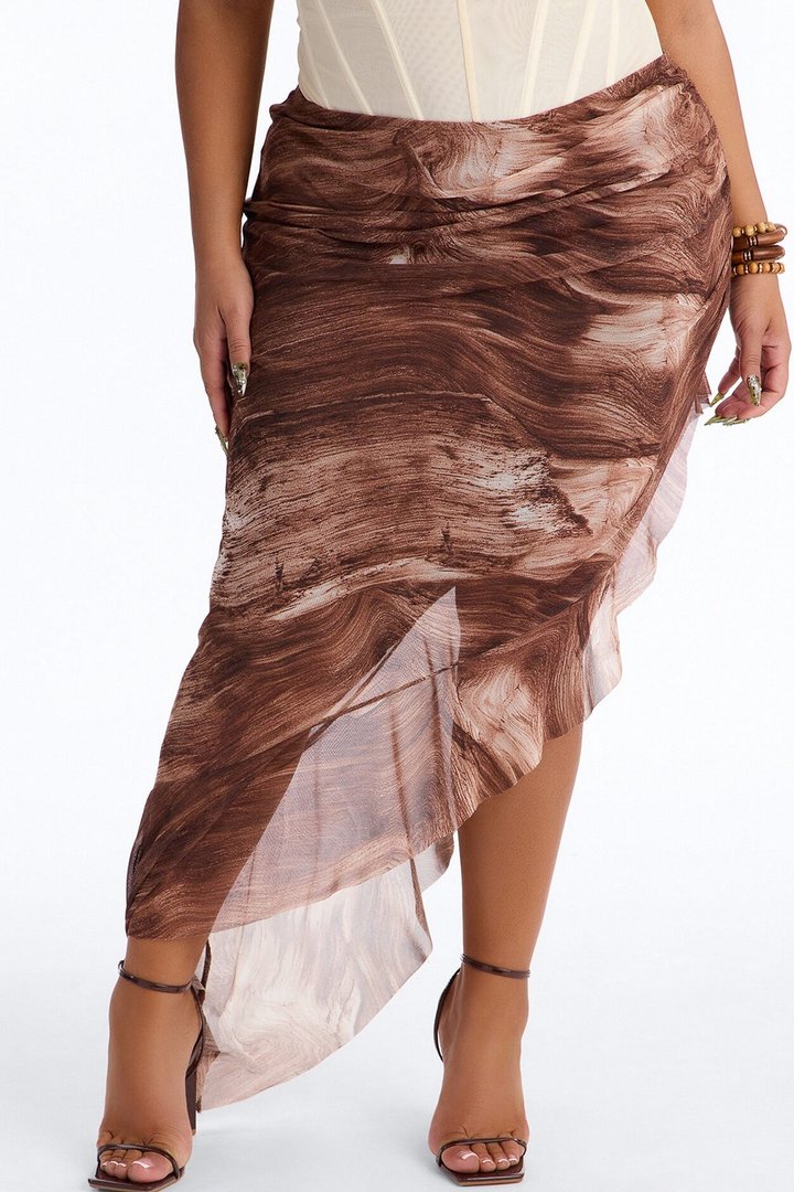 Desert Heat Asymmetrical Ruffle Mesh Midi Skirt - Brown/combo