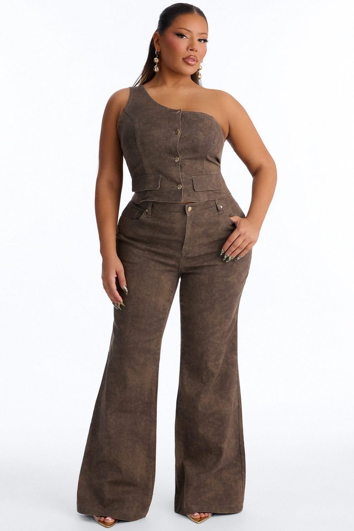 Nazari Denim Washed Flare Pant Set - Brown