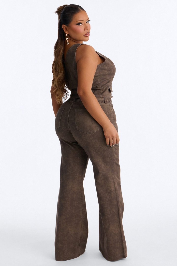 Nazari Denim Washed Flare Pant Set - Brown