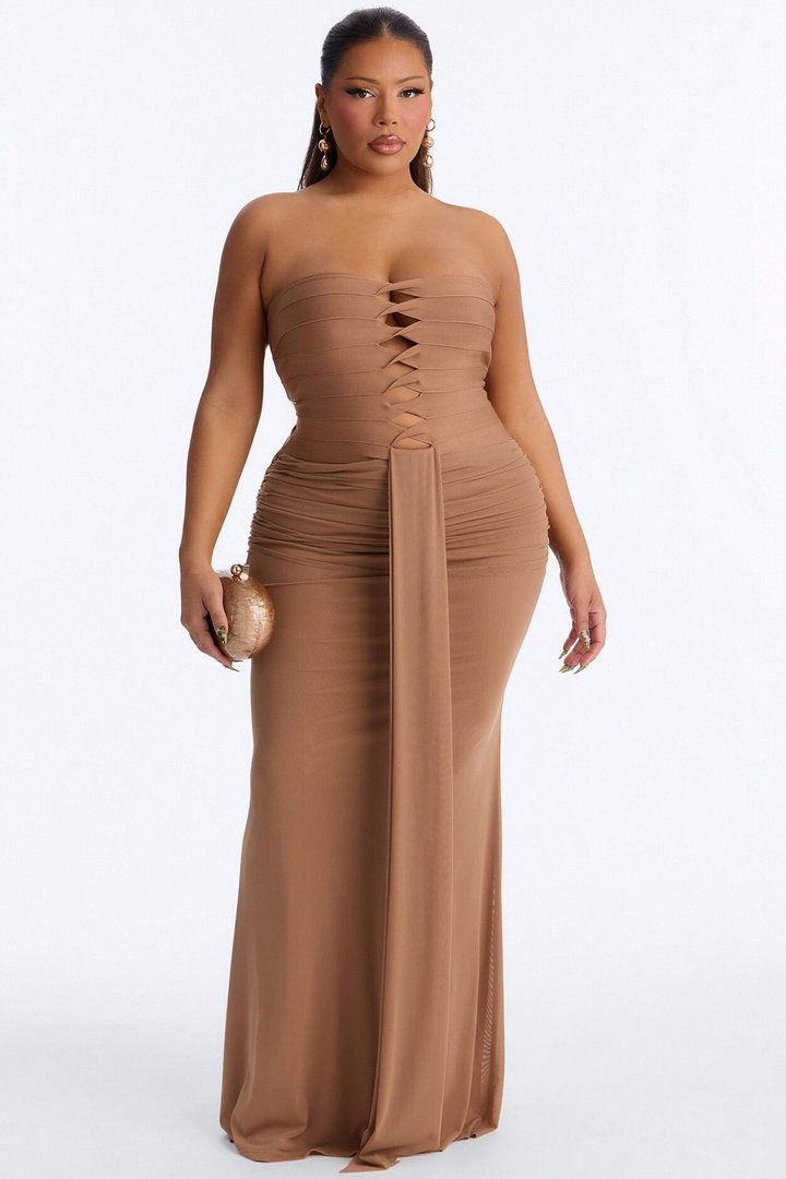 Center Stage Draped Bandage Maxi Dress - Mocha