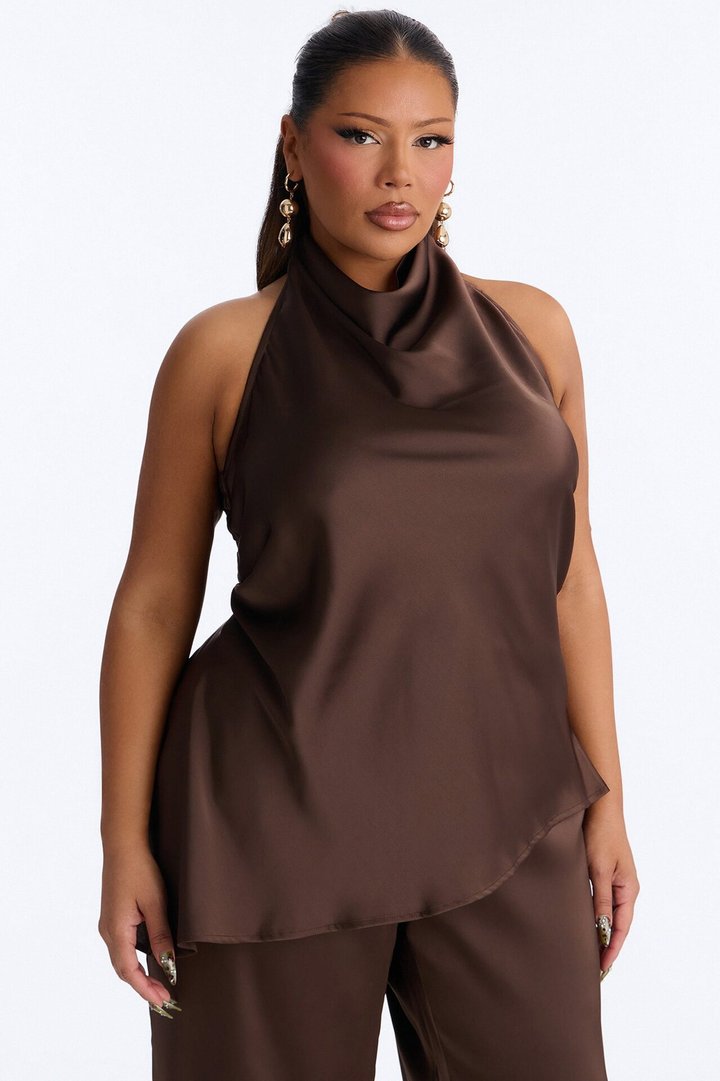 Teagan High Neck Satin Halter Top - Chocolate