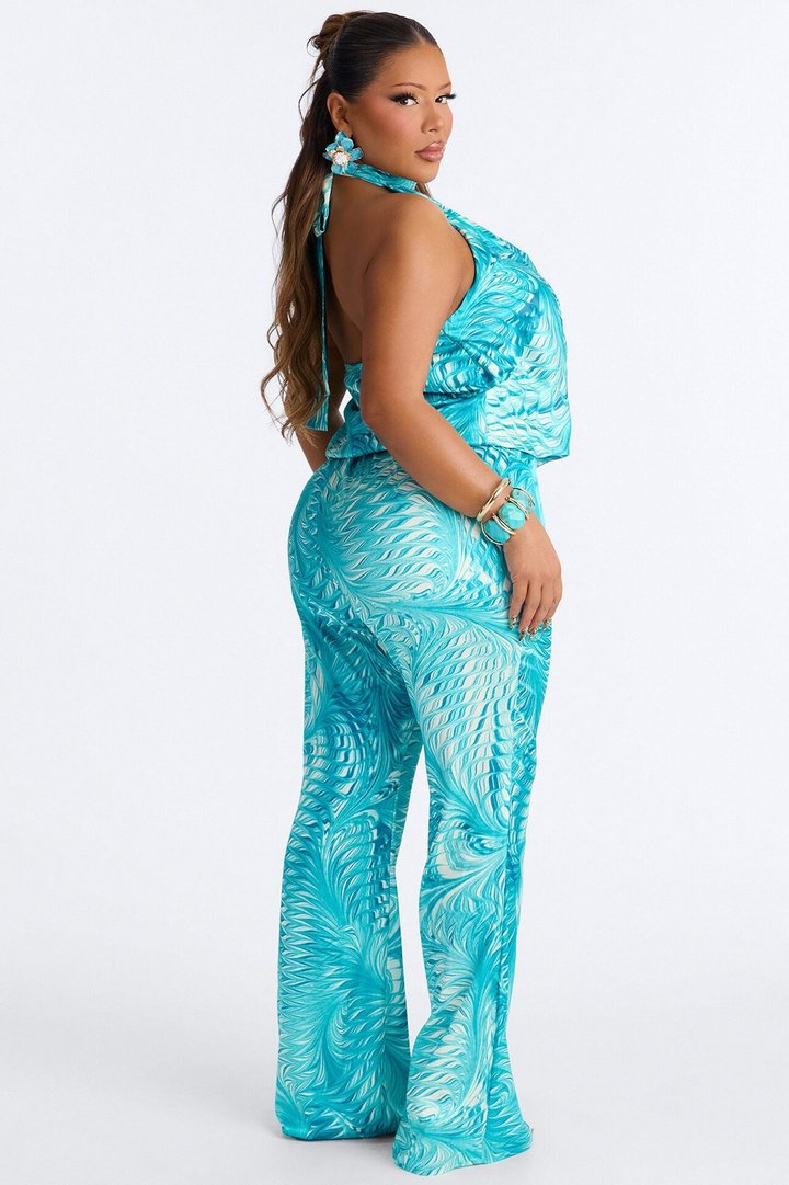 Shana Satin Halter Pant Set - Aqua