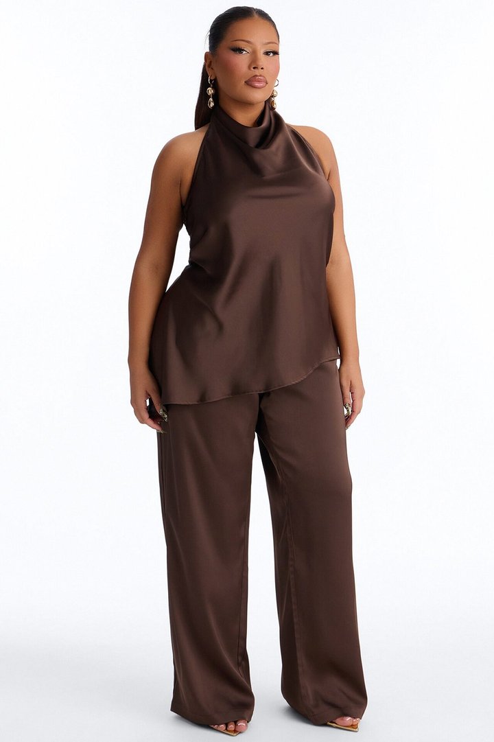 Teagan Low Rise Satin Wide Leg Pant 33″ - Chocolate