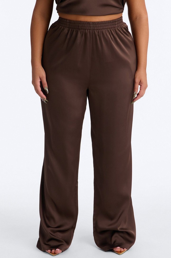 Teagan Low Rise Satin Wide Leg Pant 33″ - Chocolate