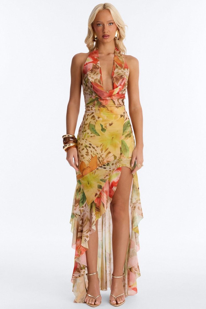 Tropic Energy Halter Mesh Maxi Dress - Yellow/combo