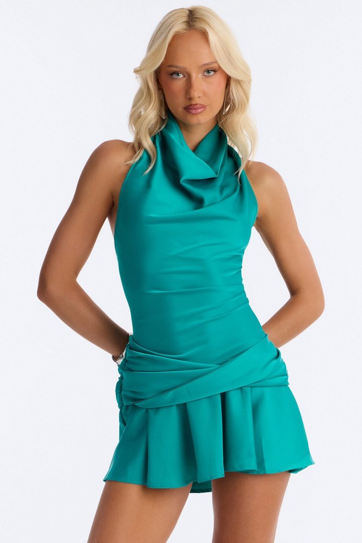Gemma Satin Halter Mini Dress - Teal