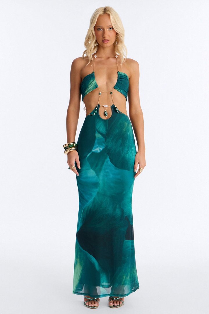 Roxanne Chain Mesh Maxi Dress - Teal
