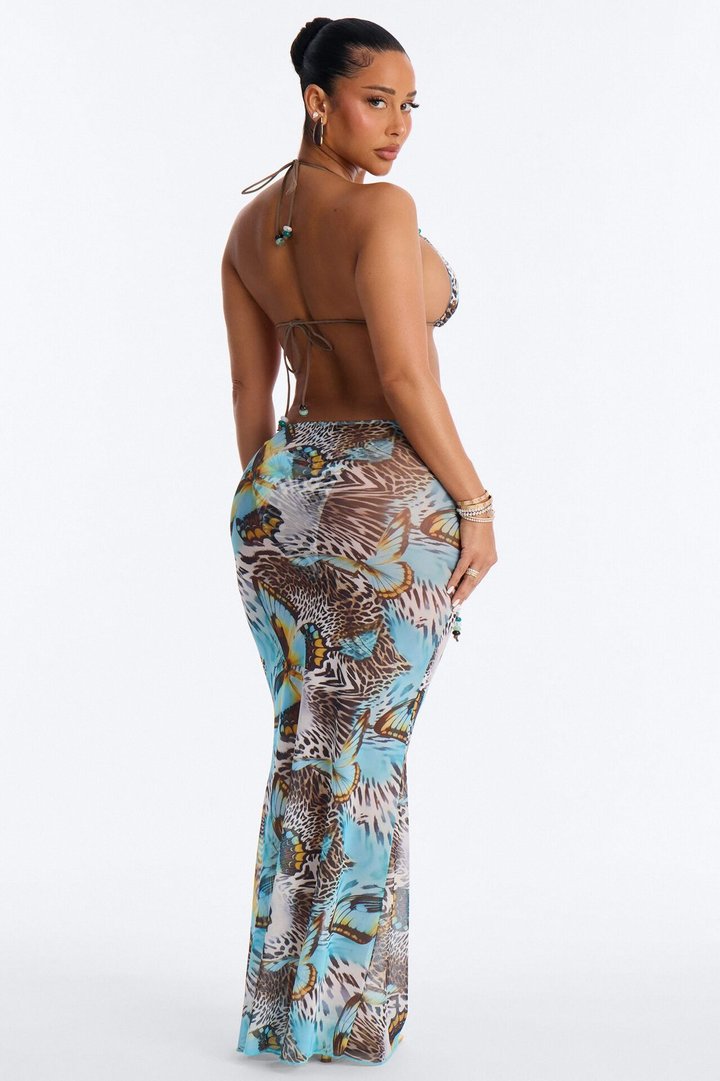 Nila Mixed Beaded Print 3 Piece Triangle Bikini & Skirt Set - Blue/combo