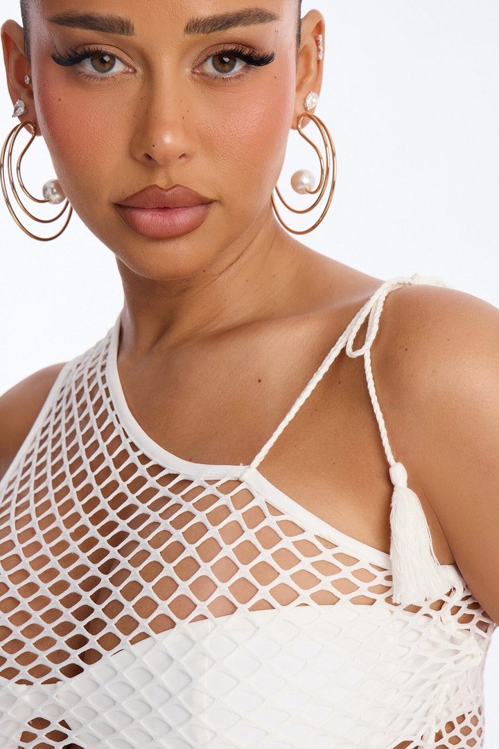 Blush Line Fishnet 4 Piece Strapless Bikini & Cover Up Mini Skirt Sunsuit - White