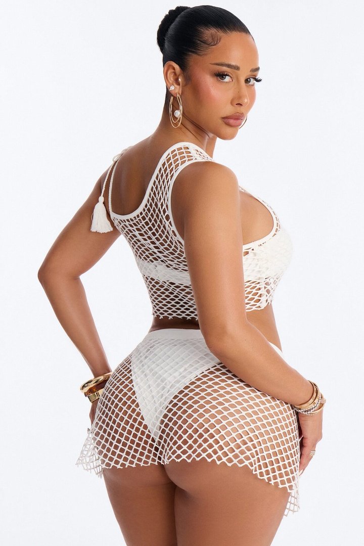 Blush Line Fishnet 4 Piece Strapless Bikini & Cover Up Mini Skirt Sunsuit - White