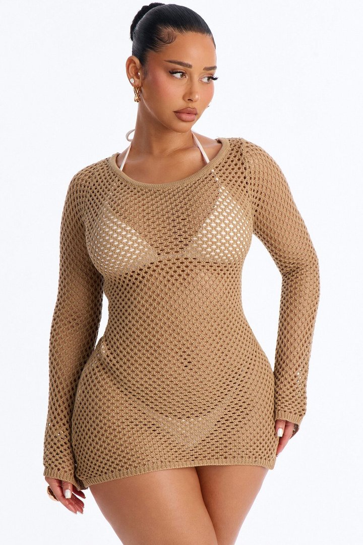 Cassie Crochet Deep Scoop Backless Cover Up Dress - Tan