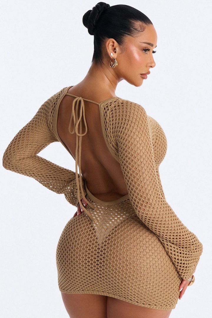 Cassie Crochet Deep Scoop Backless Cover Up Dress - Tan
