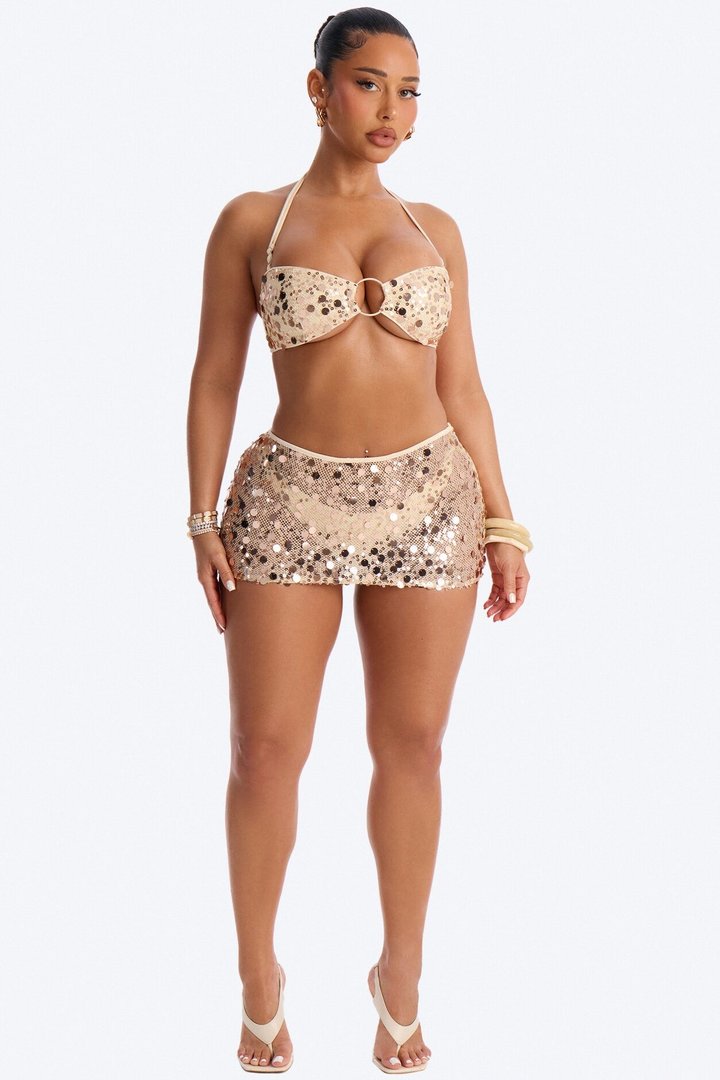 Teagan 3 Piece Sequin Halter Bikini & Cover Up Mini Skirt Sunsuit - Gold