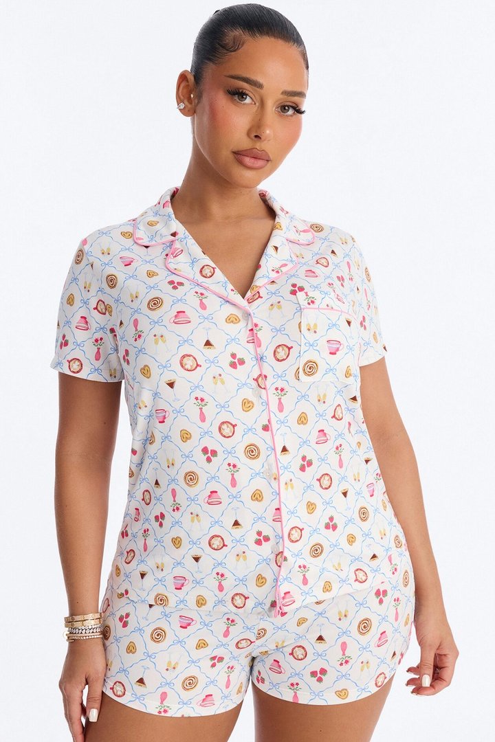 Girls Brunch Notch Collar PJ Short Set - White/combo