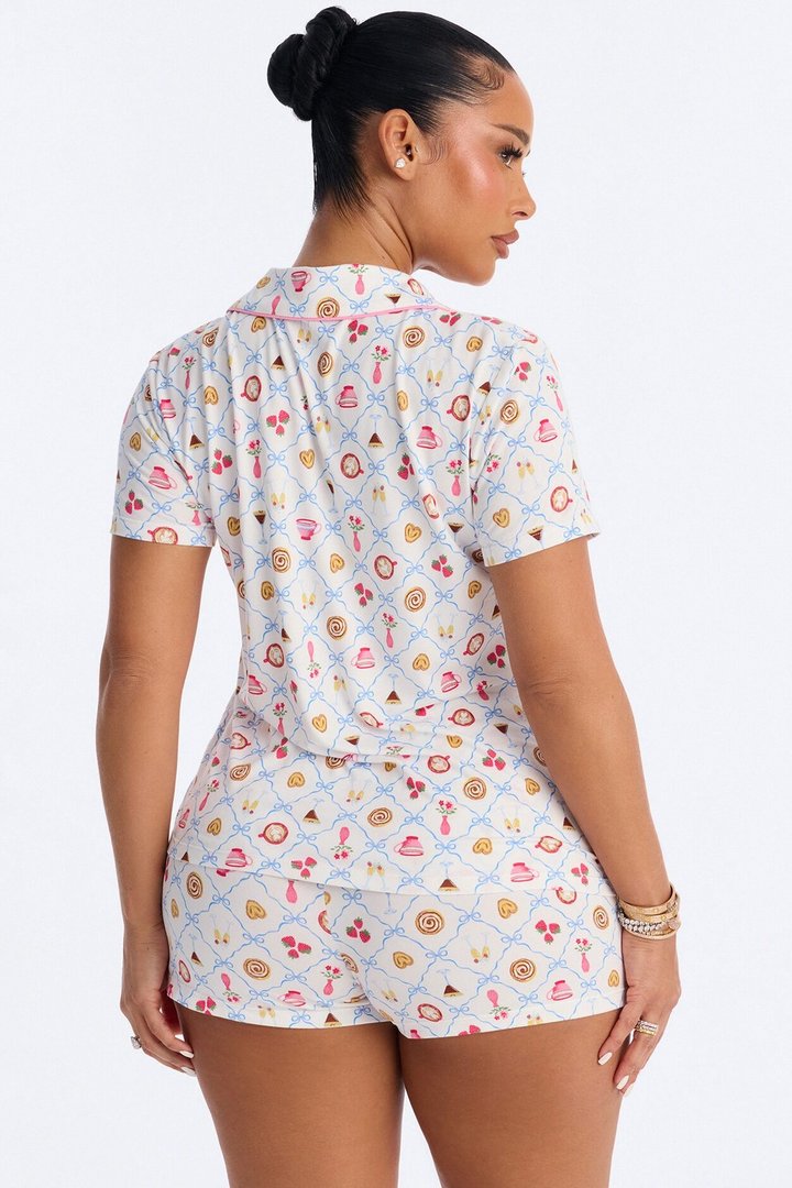 Girls Brunch Notch Collar PJ Short Set - White/combo