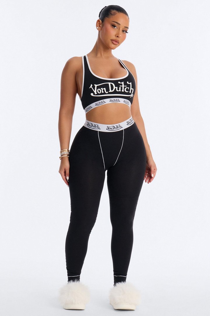 Von Dutch Contrast Stitching Bralette PJ Legging Pant Set - Black