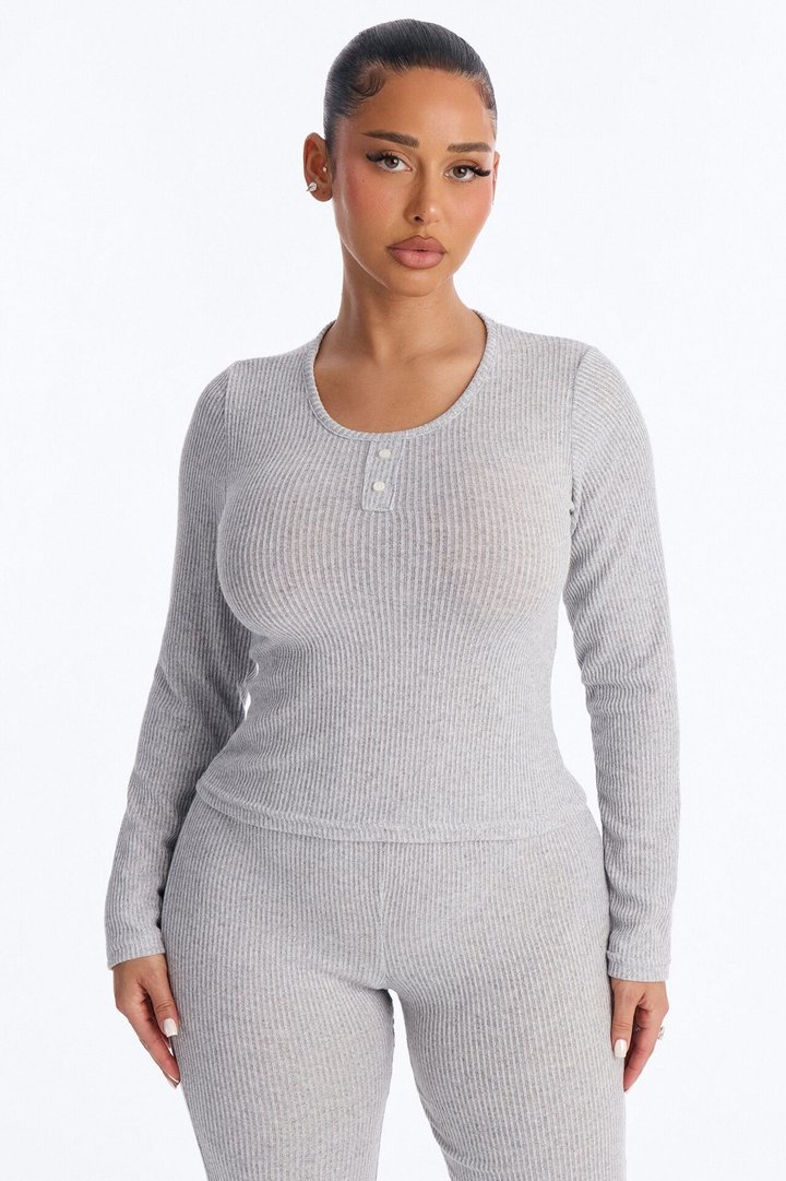 Slumber Haven Ribbed Long Sleeve PJ Pant Set - Heather Grey