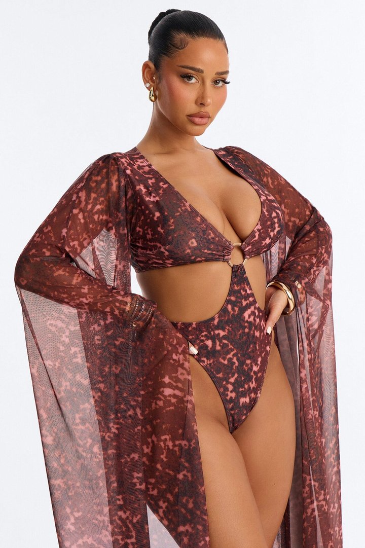 Expand My Horizons Flare Long Sleeves O-Ring Cut Out 1 Piece Swimsuit - Burgundy