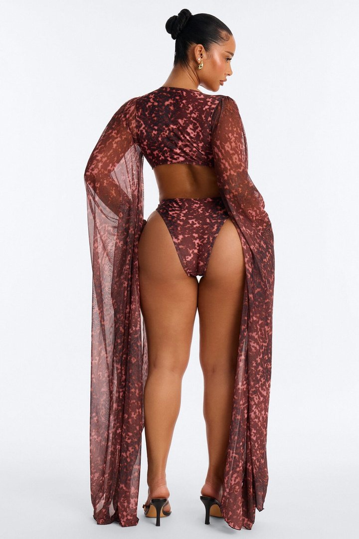 Expand My Horizons Flare Long Sleeves O-Ring Cut Out 1 Piece Swimsuit - Burgundy
