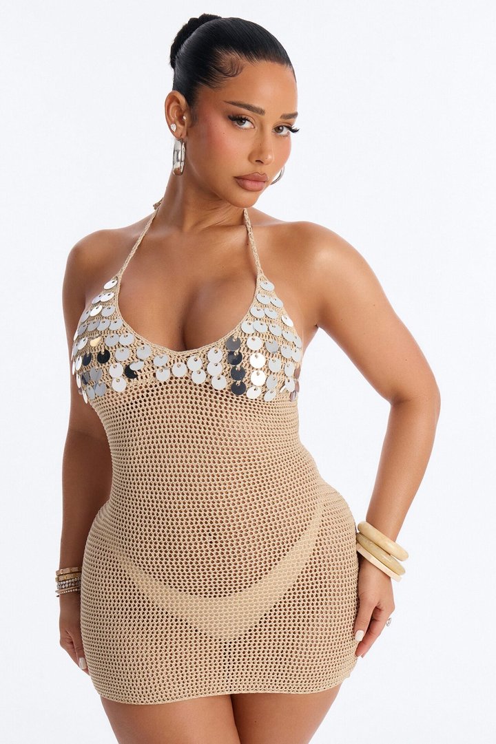 Hawaii Heat Tassel Sequin Swim Cover Up Dress - Cream