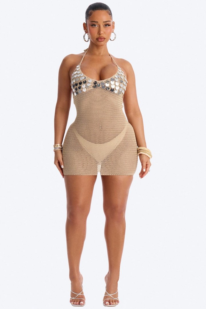 Hawaii Heat Tassel Sequin Swim Cover Up Dress - Cream