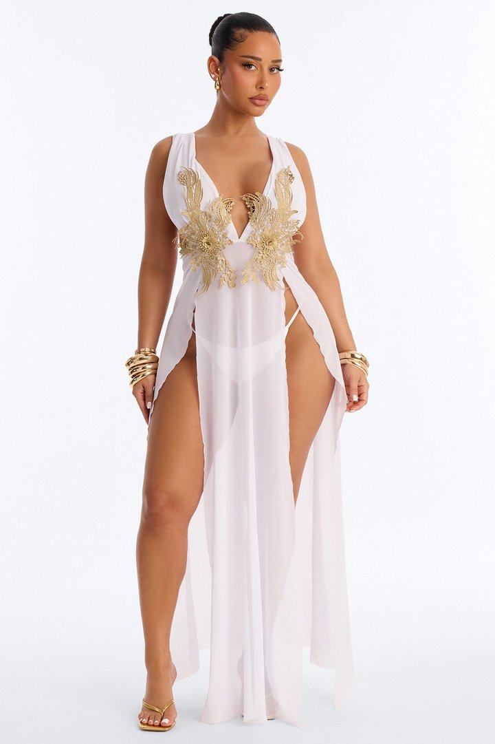 Leslie Applique High Slit Cover Up Dress - White