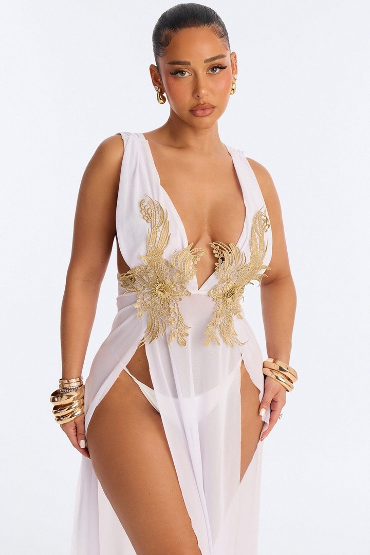 Leslie Applique High Slit Cover Up Dress - White