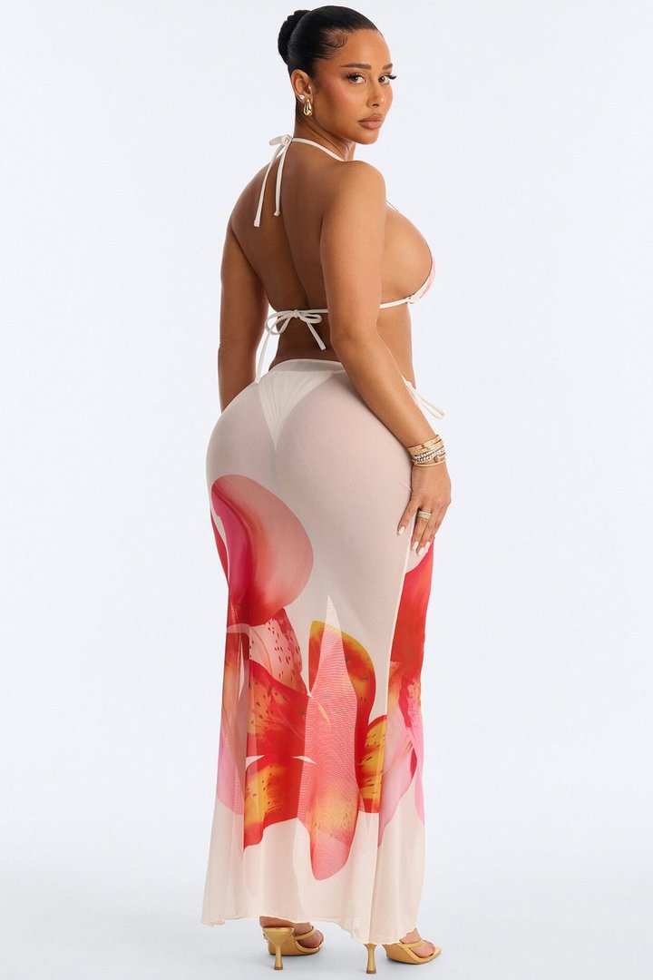 Jestena 3 Piece Floral Triangle Bikini & Mesh Cover Up Maxi Skirt Sunsuit - Multi Color