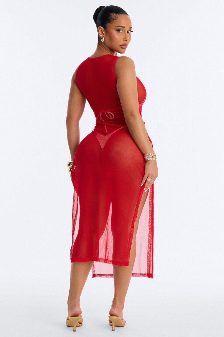 Sheer Thing Mesh Swim Cover Up Dress - Red