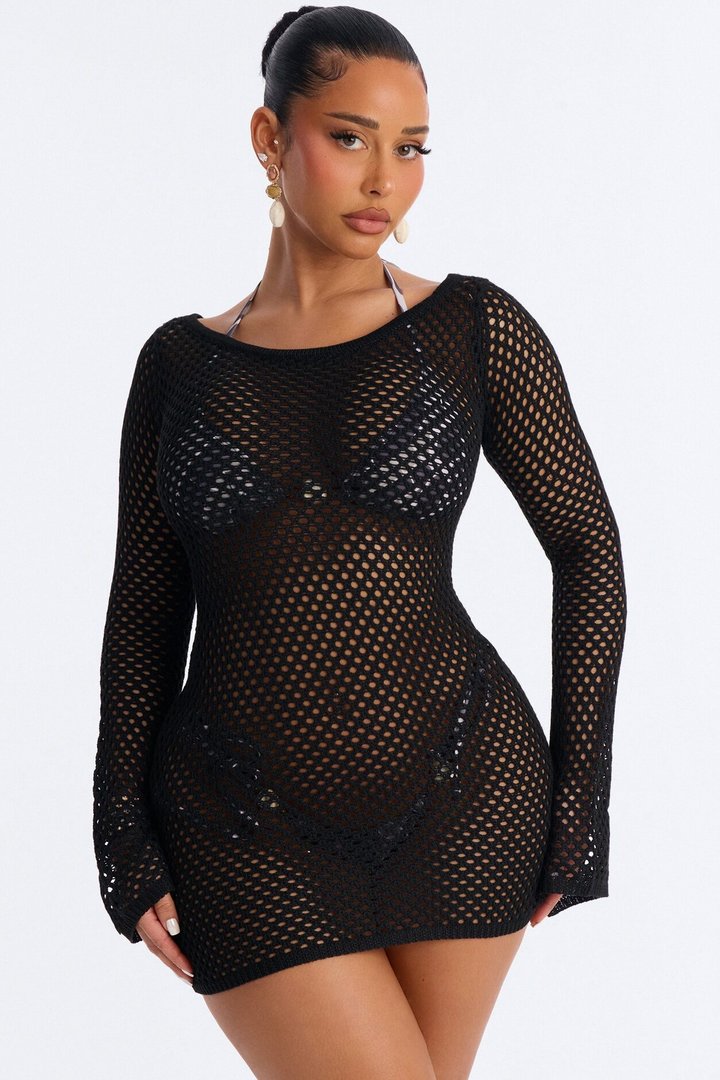 Cassie Crochet Deep Scoop Backless Cover Up Dress - Black