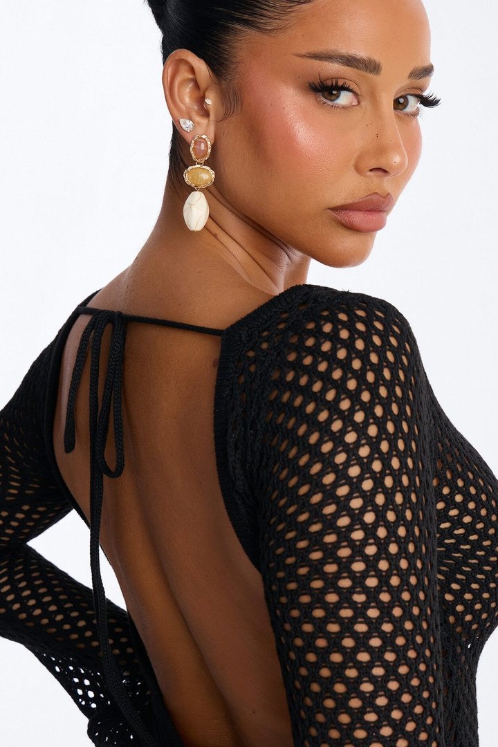 Cassie Crochet Deep Scoop Backless Cover Up Dress - Black