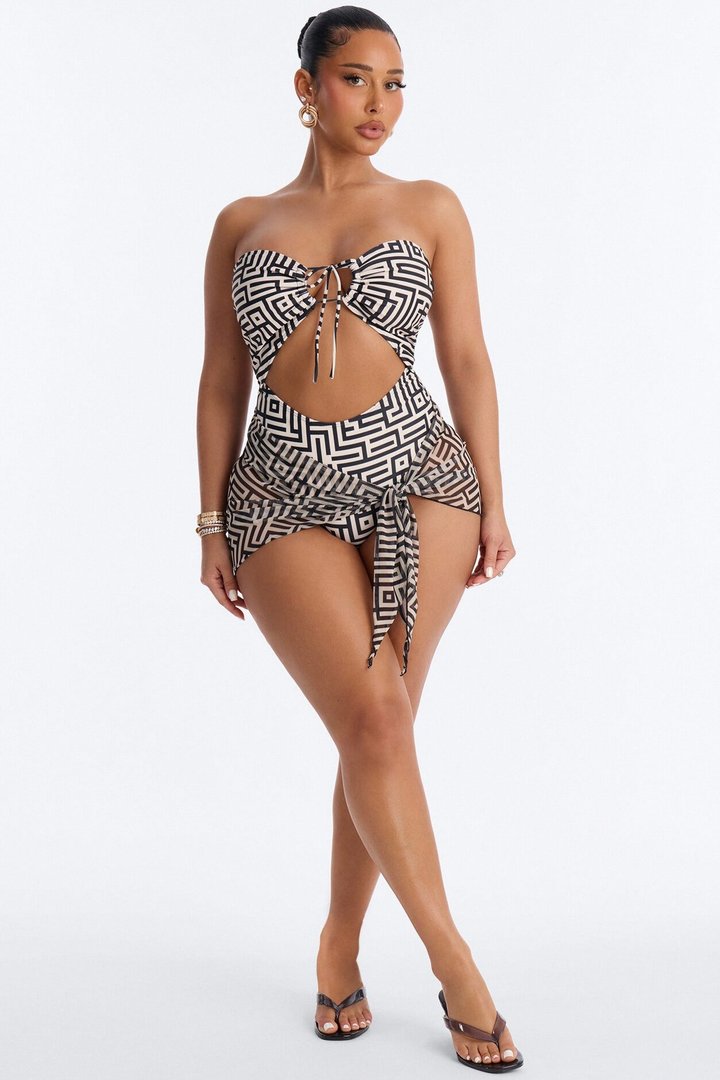 Frida 1 Piece Geometric Print Strapless Swimsuit & Cover Up Mini Skirt - Black/White