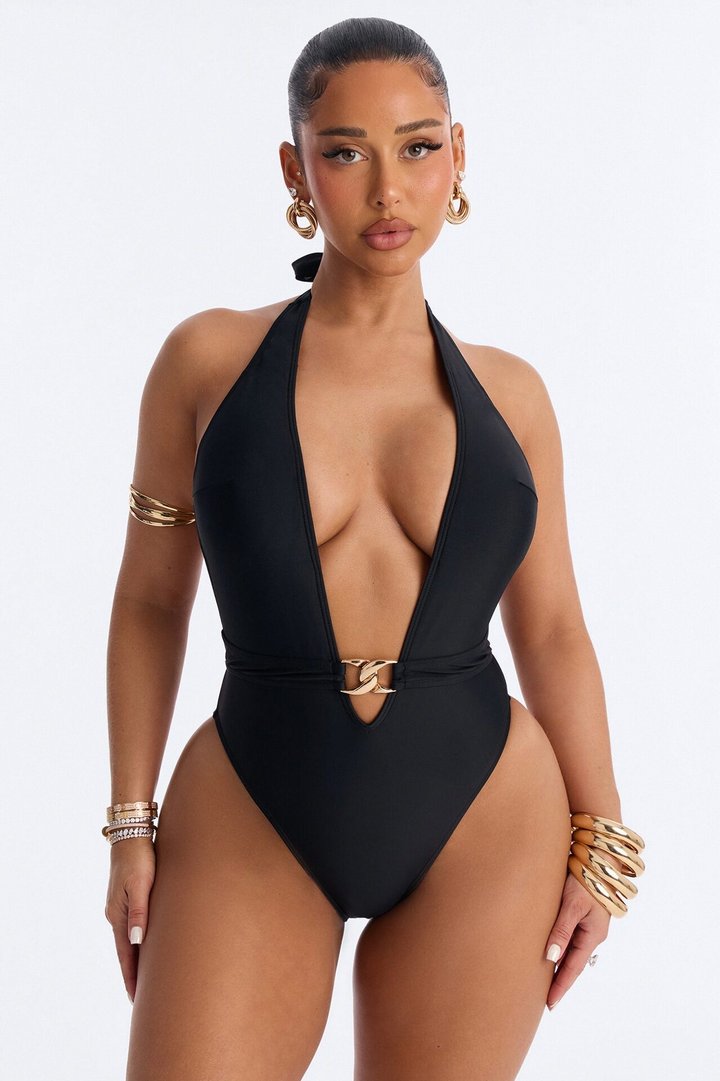 In Your Daydreams 1 Piece Halter Belted Swimsuit - Black