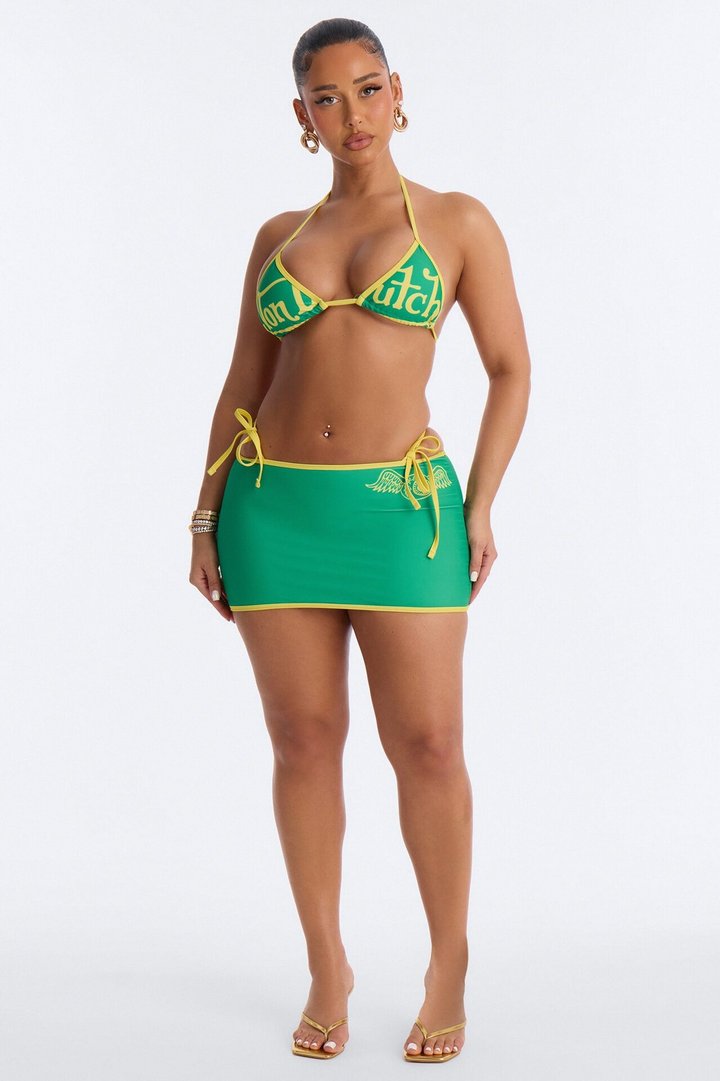 Von Dutch Contrast Binding 3 Piece Bikini & Skirt Set - Green/combo