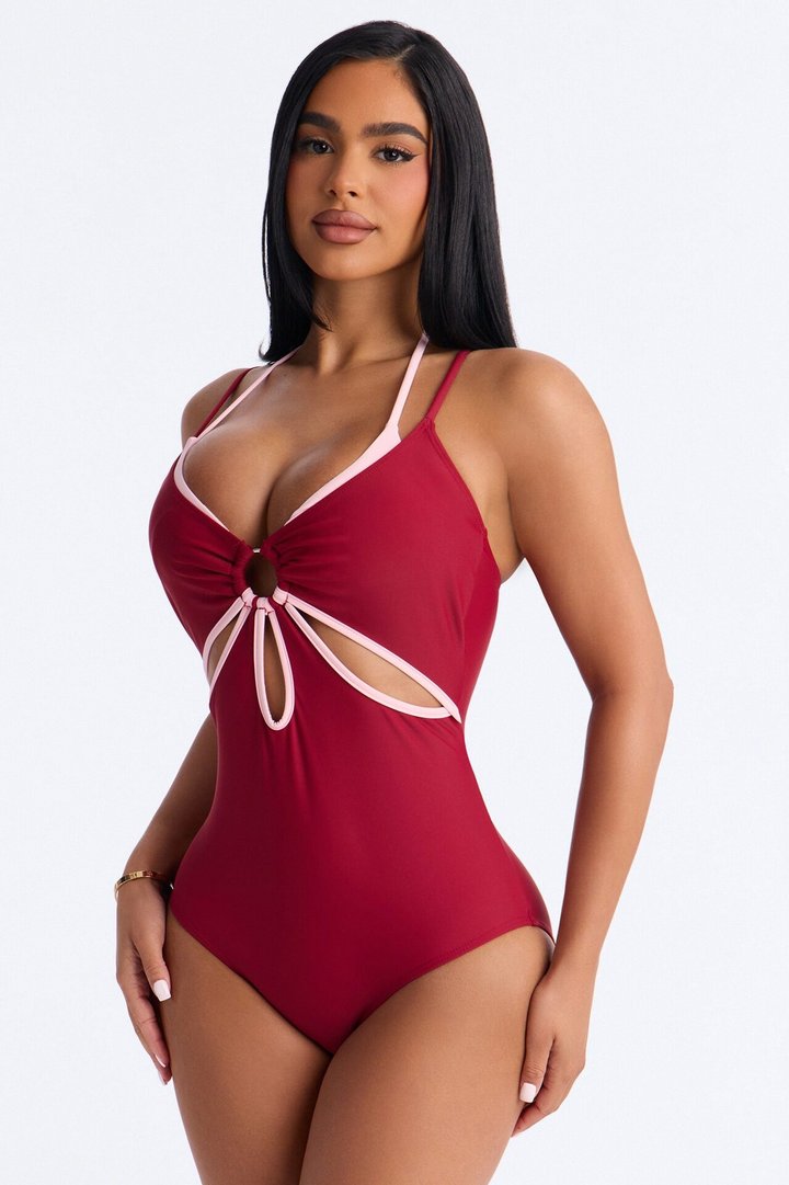 Livia Layered 1 Piece Swimsuit - Burgundy/combo