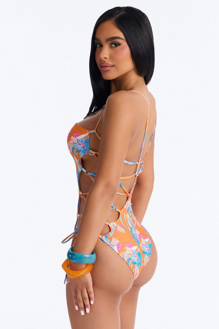 Wave Catcher Asymmetrical One Shoulder Side Lace Down Ties 1 Piece Swimsuit - Orange/combo