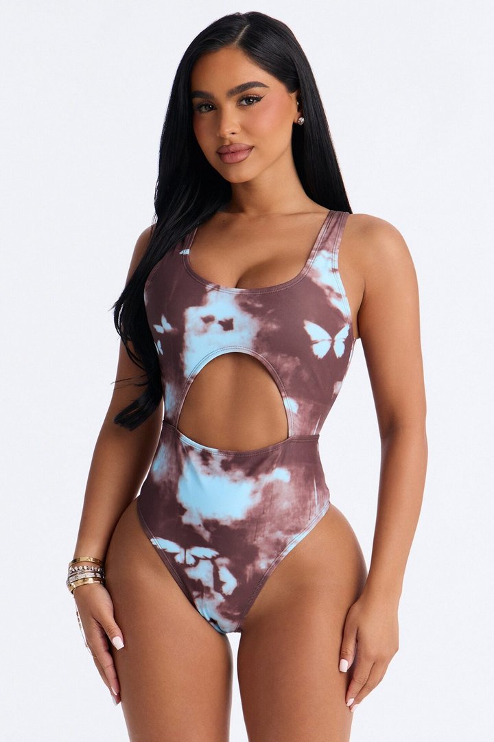 Monarch Wave Stretch 1 Piece Butterfly Tie Dye Front Cut Out Swimsuit With Sarong - Brown/combo