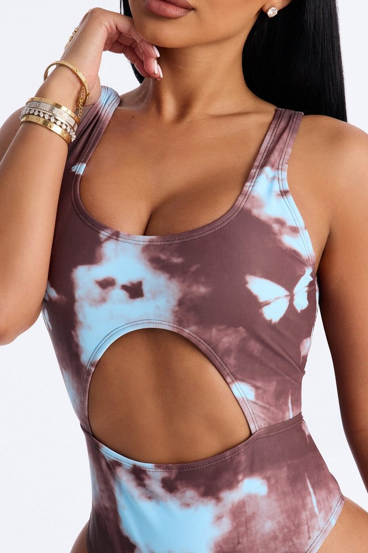 Monarch Wave Stretch 1 Piece Butterfly Tie Dye Front Cut Out Swimsuit With Sarong - Brown/combo