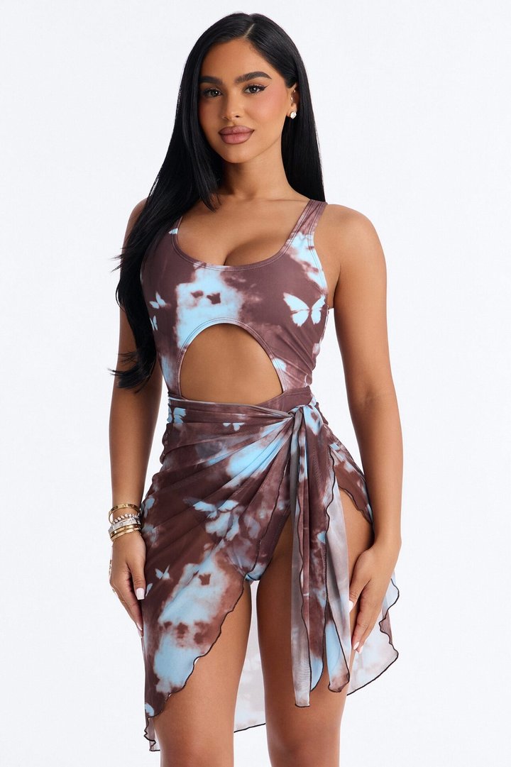Monarch Wave Stretch 1 Piece Butterfly Tie Dye Front Cut Out Swimsuit With Sarong - Brown/combo
