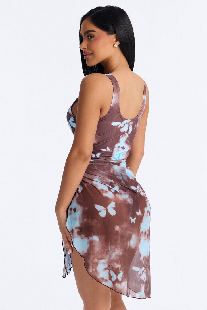Monarch Wave Stretch 1 Piece Butterfly Tie Dye Front Cut Out Swimsuit With Sarong - Brown/combo