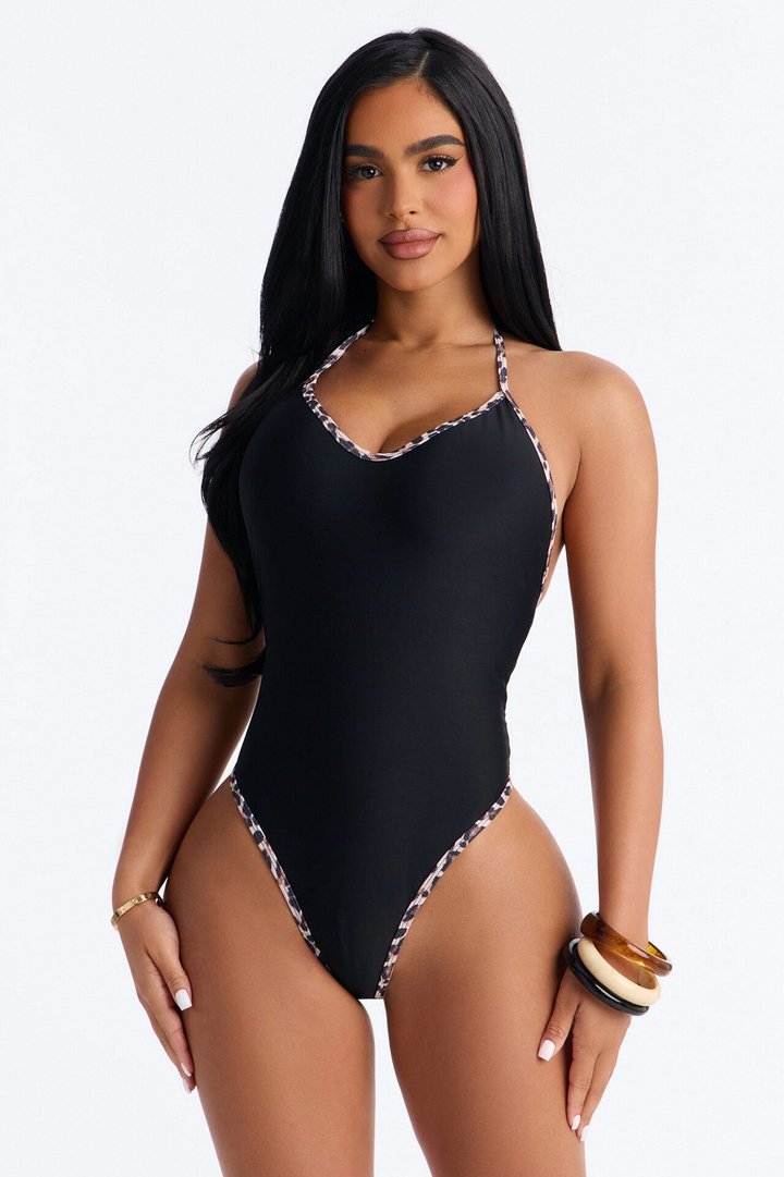 Callista 1 Piece Leopard Contrast Trim Swimsuit & Micro Mini Skirt Set - Black