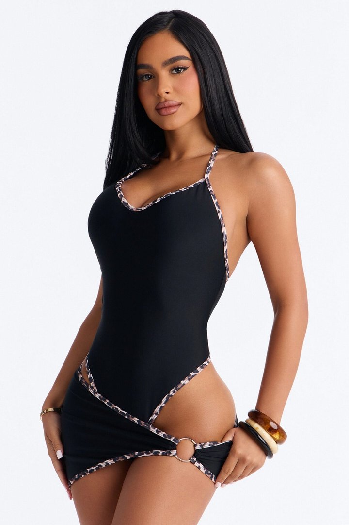 Callista 1 Piece Leopard Contrast Trim Swimsuit & Micro Mini Skirt Set - Black
