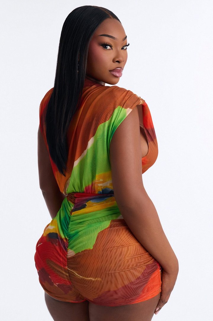 Viena Mesh Plunge Romper - Orange