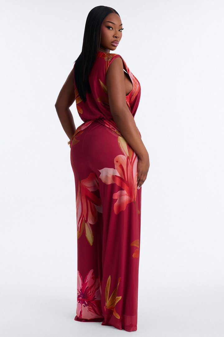 Mara Mesh Lace Trim Jumpsuit - Wine