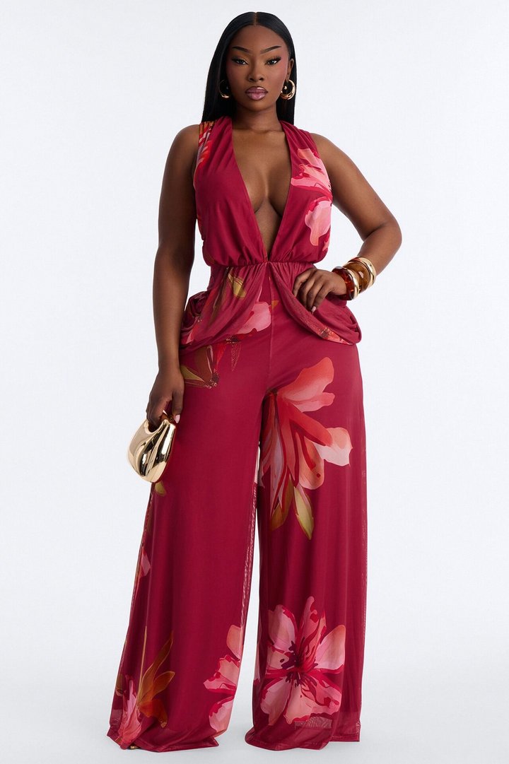 Mara Mesh Lace Trim Jumpsuit - Wine