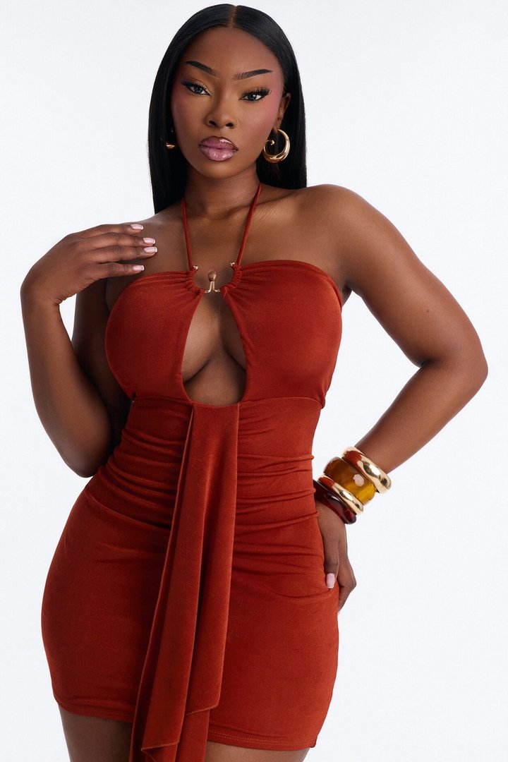Avianna Halter Slinky Mini Dress - Rust