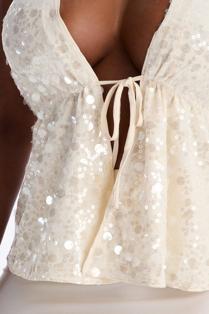 Cerafina Sequin Halter Flyaway Top - Cream